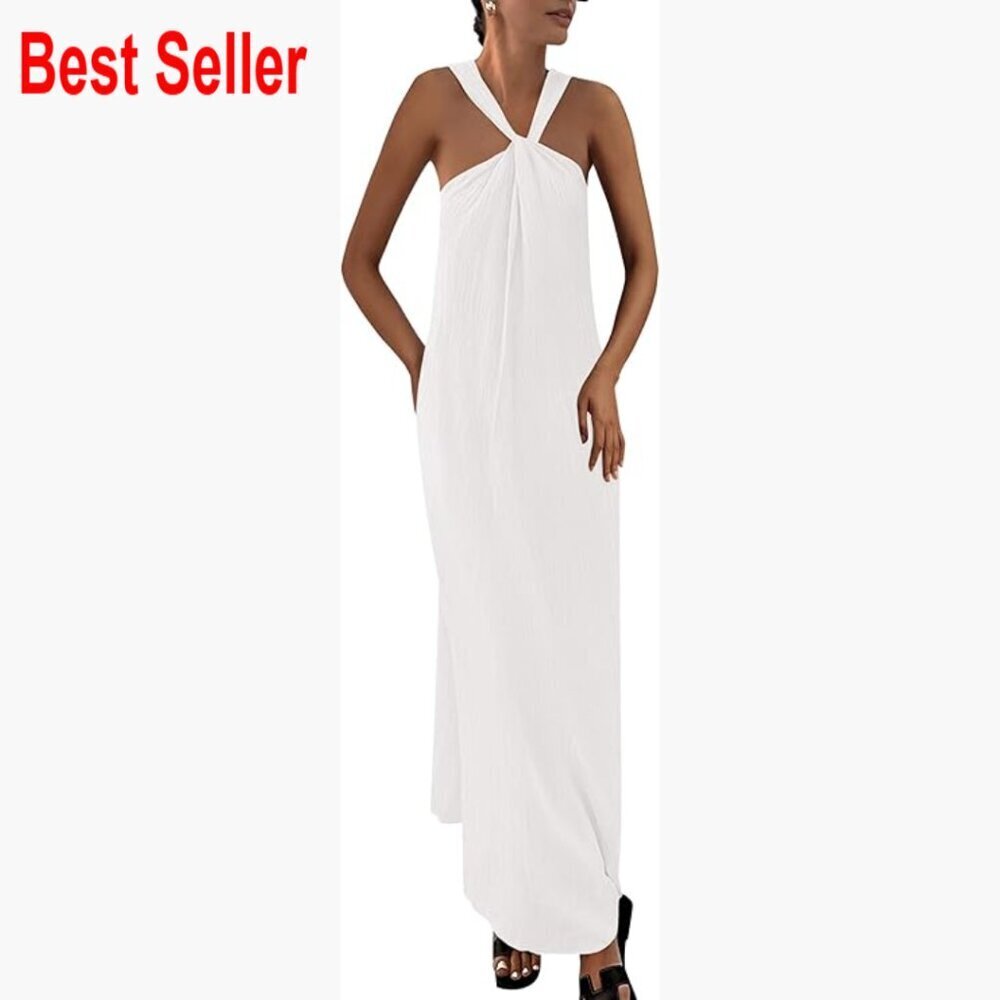 Sleeveless Strappy Maxi Dress with Pockets, Rayon Polyester Elastane Fabric